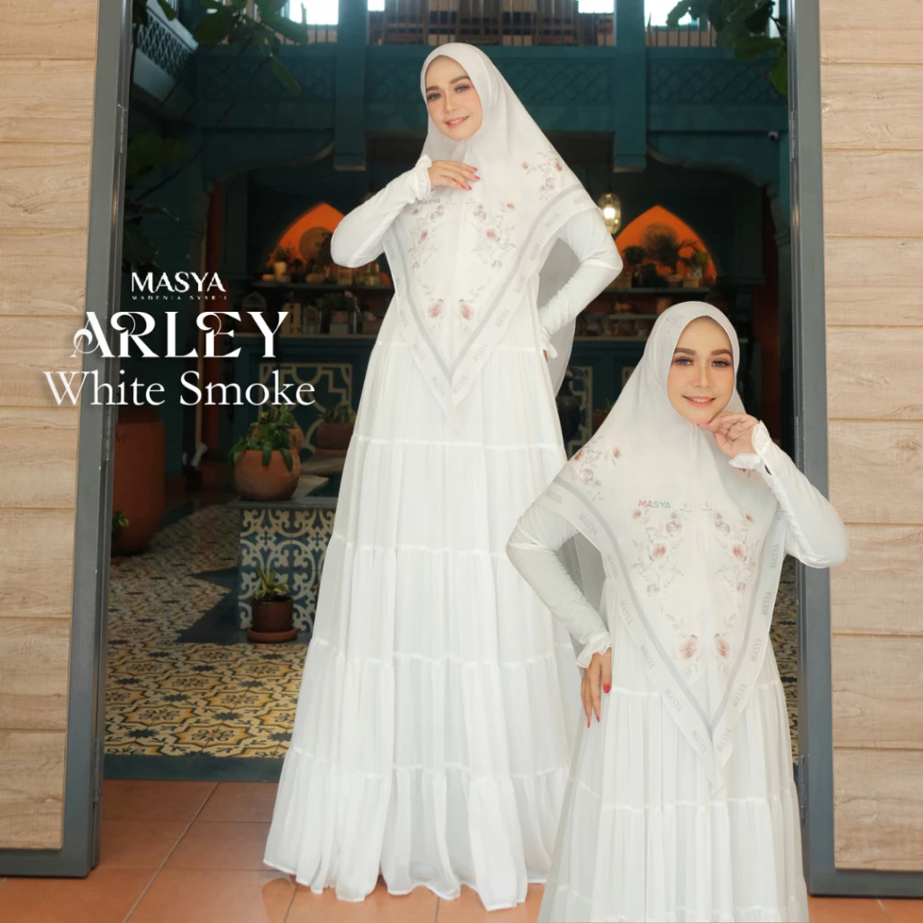 Set Gamis Dress Ceruty Babydoll Printing Premium Syari Warna Putih Broken White Mewah Masya Syari Or