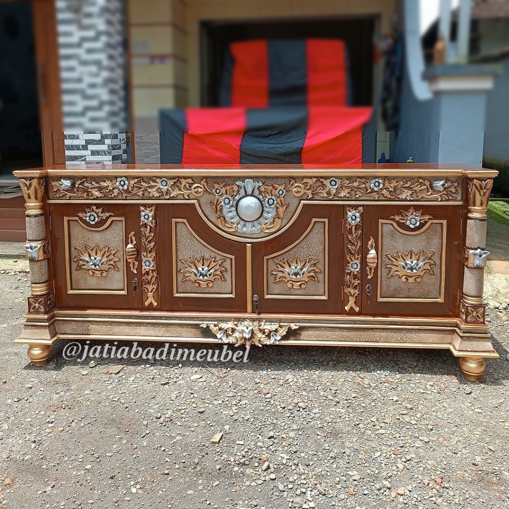 Bufet Meja Tv Ukir Model Bulan Kayu Jati, Buffet Rak Tv Ukir Jati, Kabinet Tv Ukiran Kayu Jati