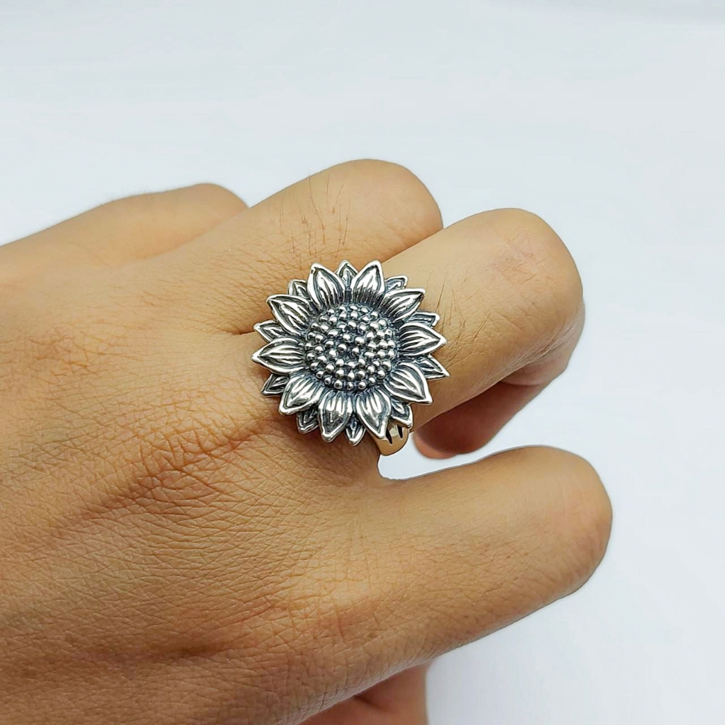 Cincin Ring Perak Silver Bali Asli 925 Model Bunga Matahari Pria Laki Wanita Costum Elegan