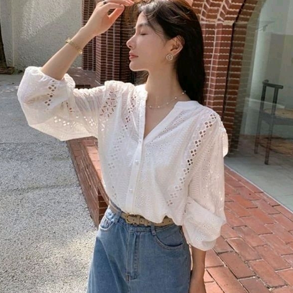 2903 Baju atasan kemeja blouse DEANNA EMBROIDERED COTTON BAND COLLAR KATBOL BORDIR top katun bolong hijau orange putih polos Korea Korean style wanita premium import baju atasan kemeja blouse blus blose blous kerja kantor pesta kondangan cewek Korean look