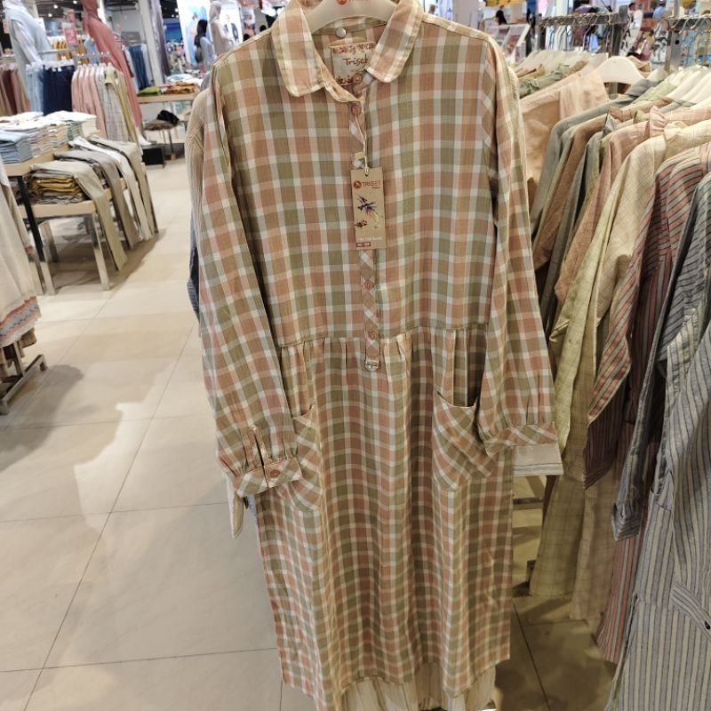 TRISET TUNIK DRESS MOTIF KOTAK PEACH BROWN
