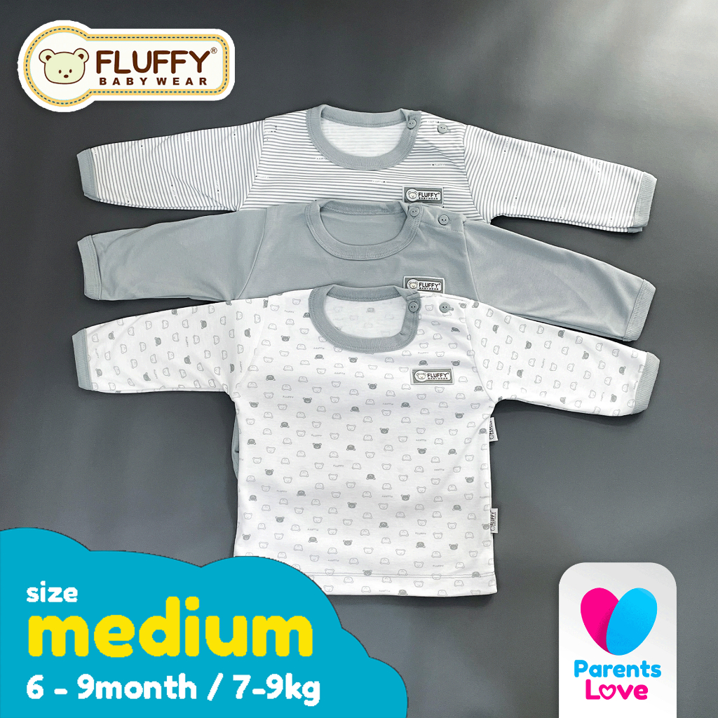 FLUFFY - Baju Lengan Panjang Kancing Bayi 6-9 Bulan | 3pcs | Size M | Abu