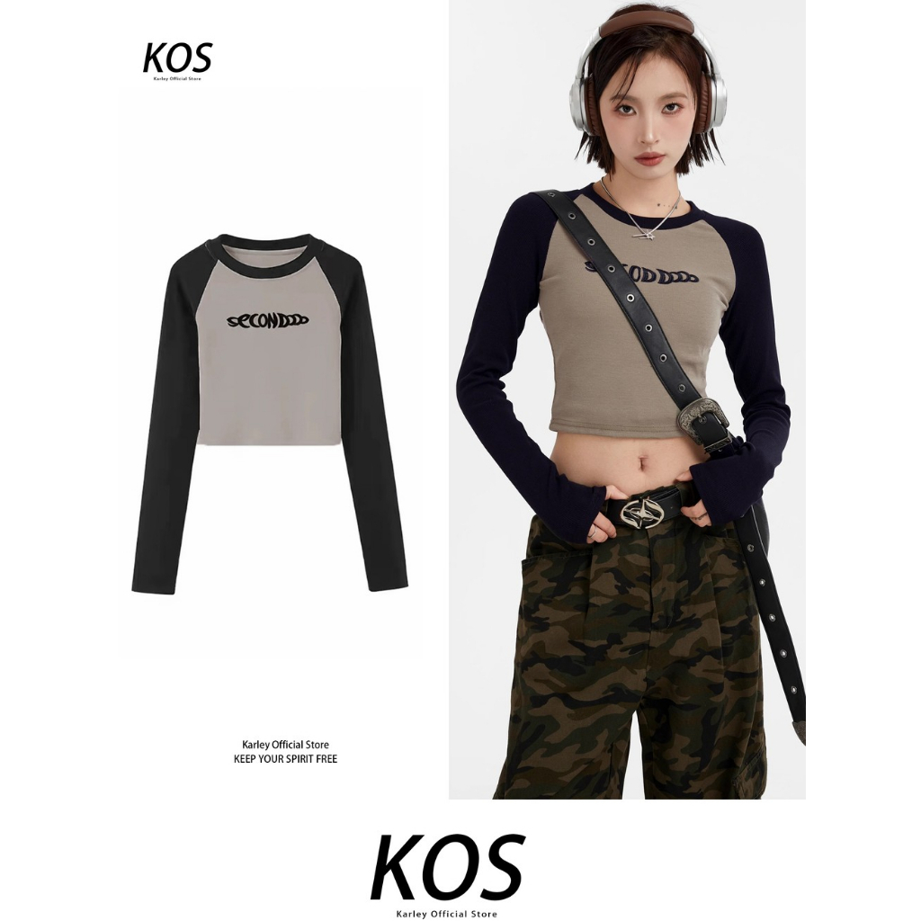 Atasan Raglan Rajutan Wanita/T-Shirt Bordir Huruf Antik/Kaos Lengan Panjang Retro Wanita/Crop Top Ko