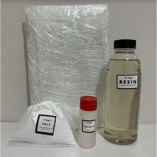 PAKET RESIN 250gr Bening Merah Bundle Hemat Katalis Mat Jushi Serat Fiber Talc Bahan Tambal Genteng 