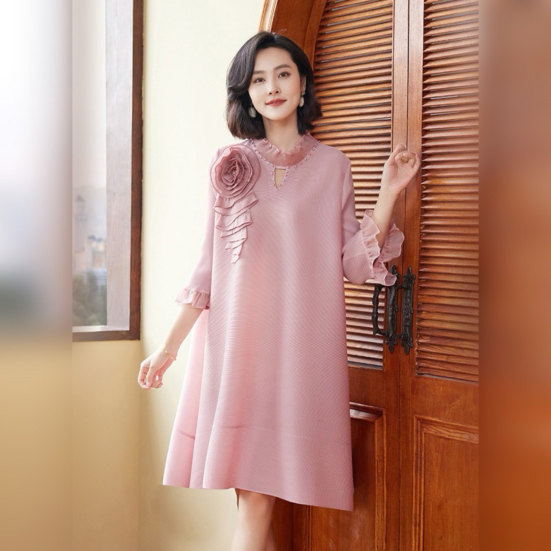 Dress Gaun Wanita Flower Pleated Plisket IMPORT