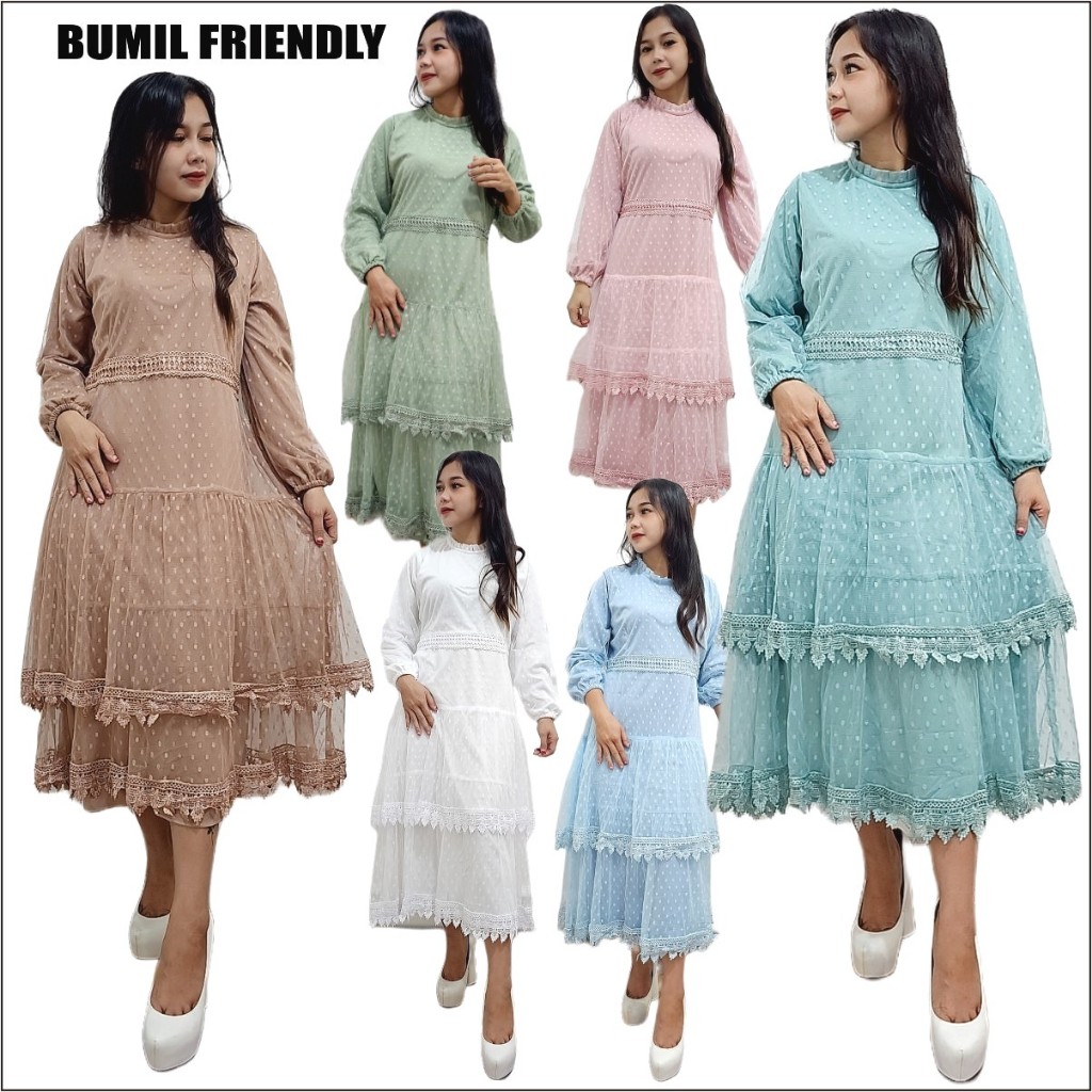 zalamode dress gaun wanita midi layer renda tile polkadot [G1]