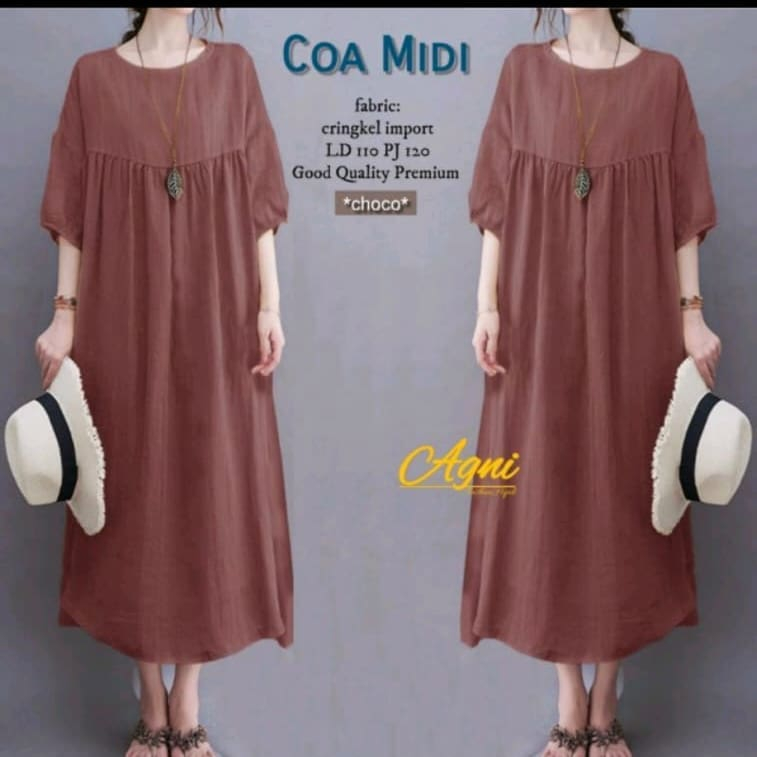Gamis Wanita Terbaru Coa Midi Dress Bahan Crinkle Import Baju Tanggung Polos Dres Murah Modern Fashi