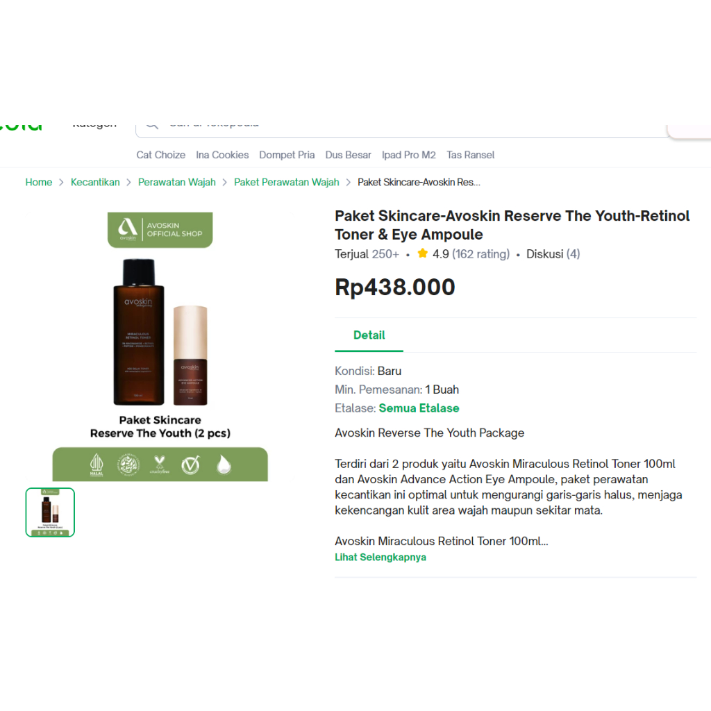 Paket Skincare-Avoskin Reserve The Youth-Retinol Toner & Eye Ampoule
