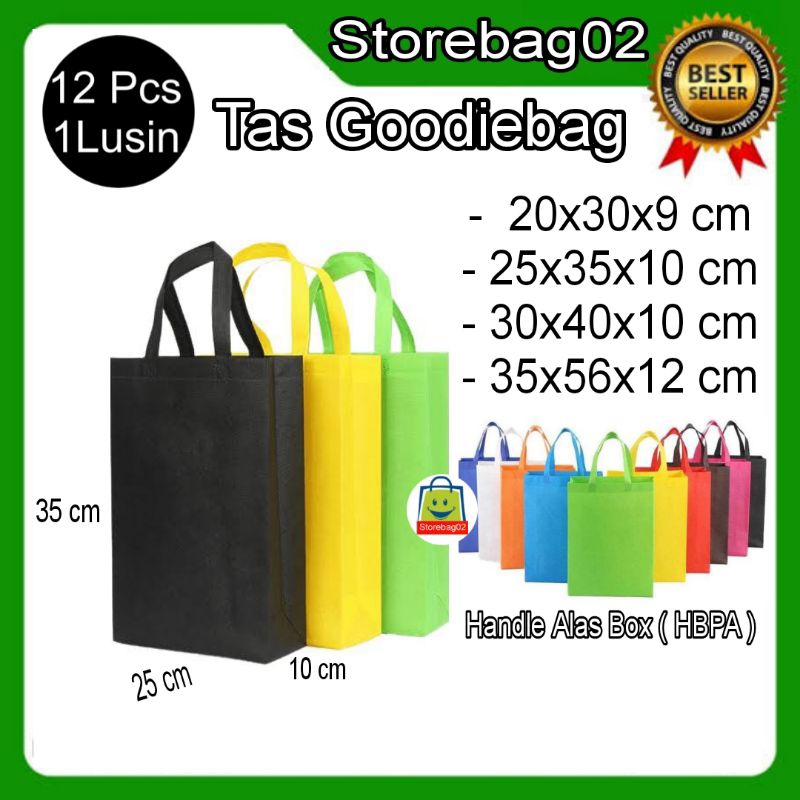 

( 1 Lusin ) Tas Kain Spunbond Goodiebag Handle Box 25x35 Souvenir,Seminar,Sembako,Ultah,Polos