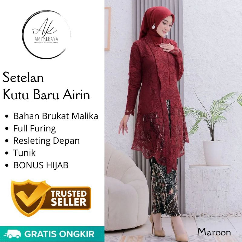 Set Kebaya Kutu Baru Terbaru | Kutu Baru Airin Free Hijab | Kebaya Jumbo Fit Ld 120-125 cm | Brukat 