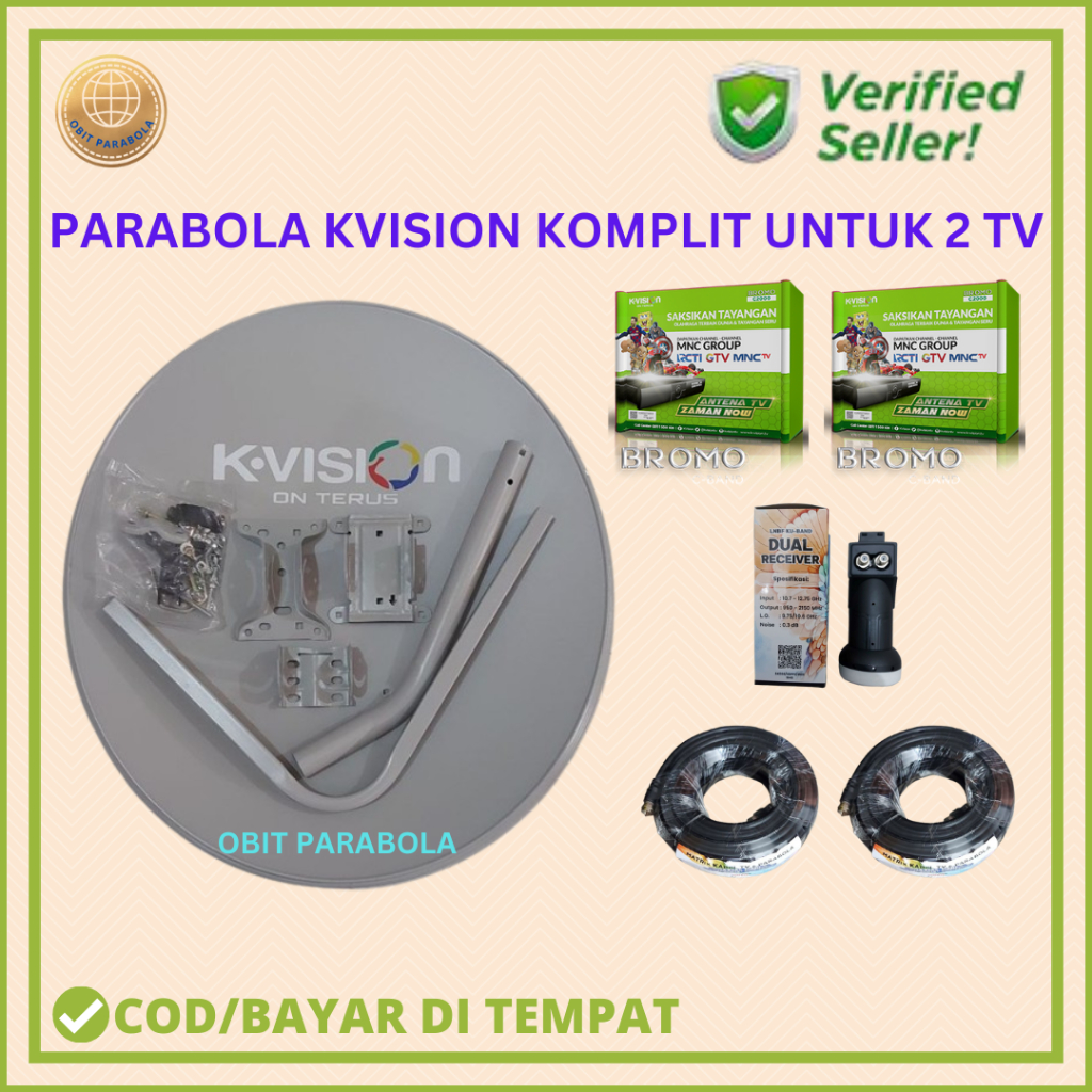 PARABOLA KVISION KUBAND KOMPLIT UNTUK 2 TV (1 BH ANTENA 1 BH LNB KU 2 OUT 2 BH RECEIVER 2 BH KABEL P