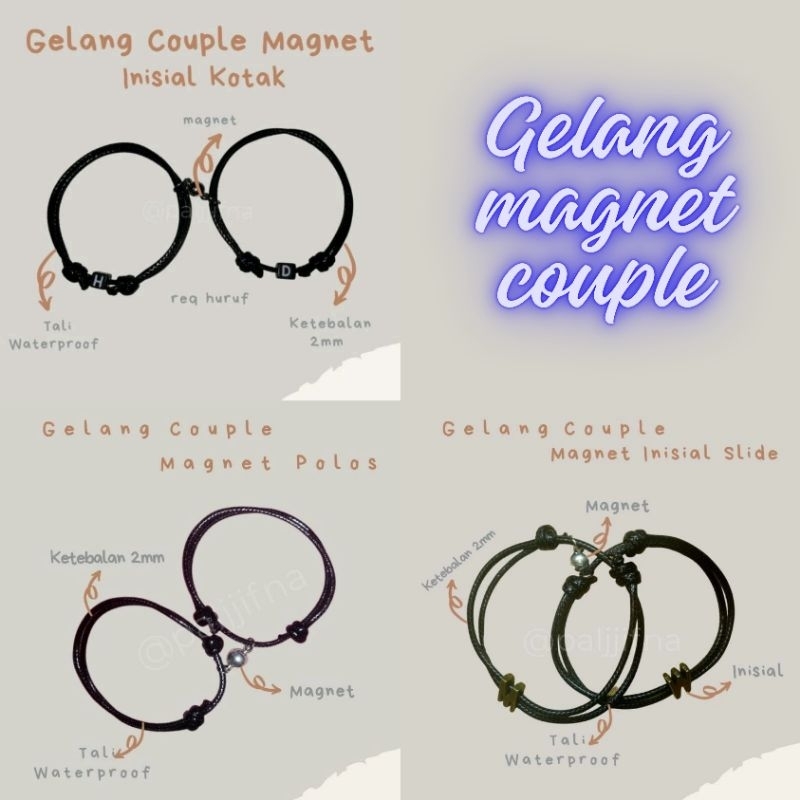 Gelang Couple Magnet Inisial Huruf Kotak, Slide, dan Polos