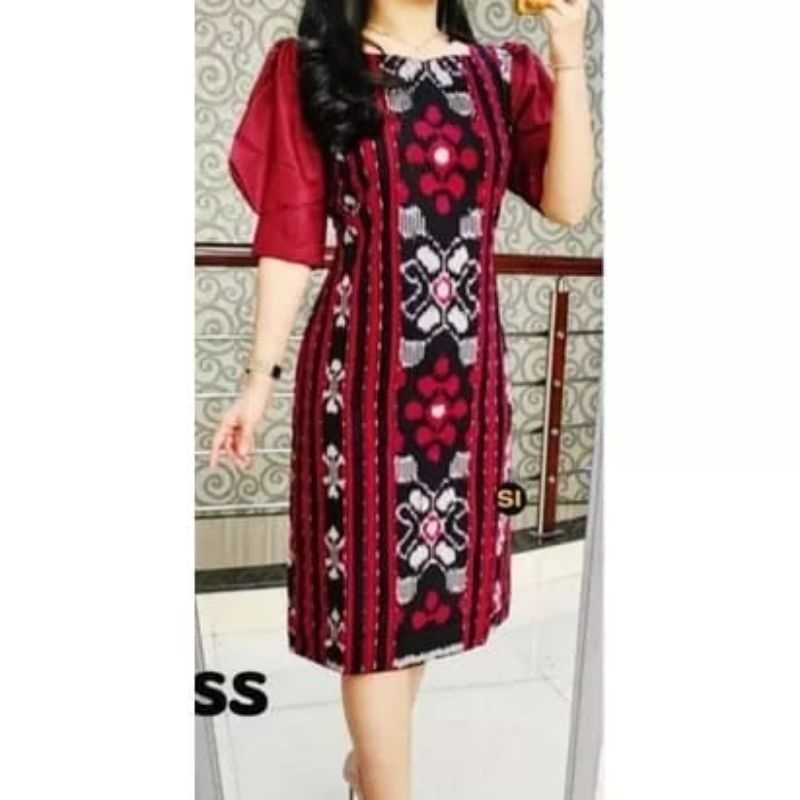 DRESS TENUN WANITA, DRESS TENUN ETNIK WANITA MIX LENGAN TOYOBO