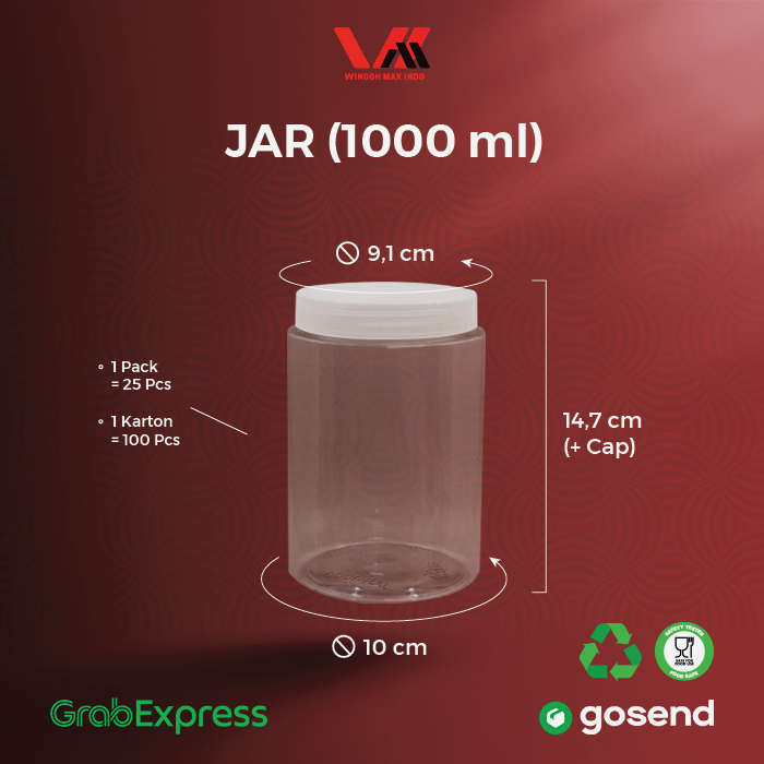 [100pcs] JAR PET 1000ML / TOPLES PLASTIK / TOPLES TABUNG SILINDER TUTUP PUTAR