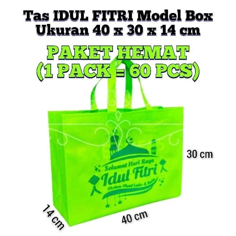 

(1 PACK = 60 PCS) Goodie Bag Tas Spunbond IDUL FITRI Model Box 40x30x14 cm / Tas Box Souvenir / Tas Hajatan / Goodie Bag / Tas Hampers / Shopping Bag / Tas Promosi / Tas Seminar