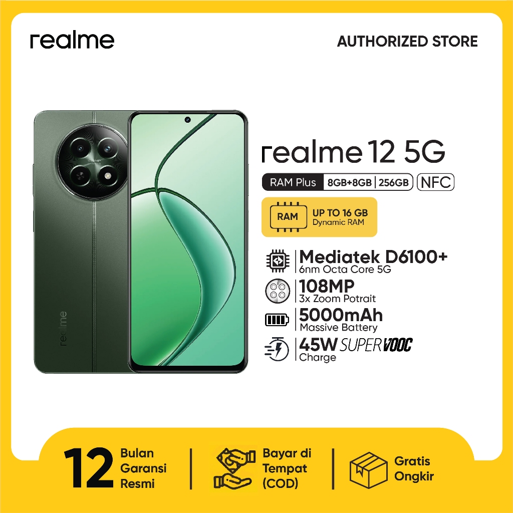 realme 12 5G 8GB+8GB*|256GB 108MP Camera 6.72 FHD+ LCD | 5G 6nm Process Chipset | 108MP 3X Zoom Portrait Camera | 45W SUPERVOOC Charge-2