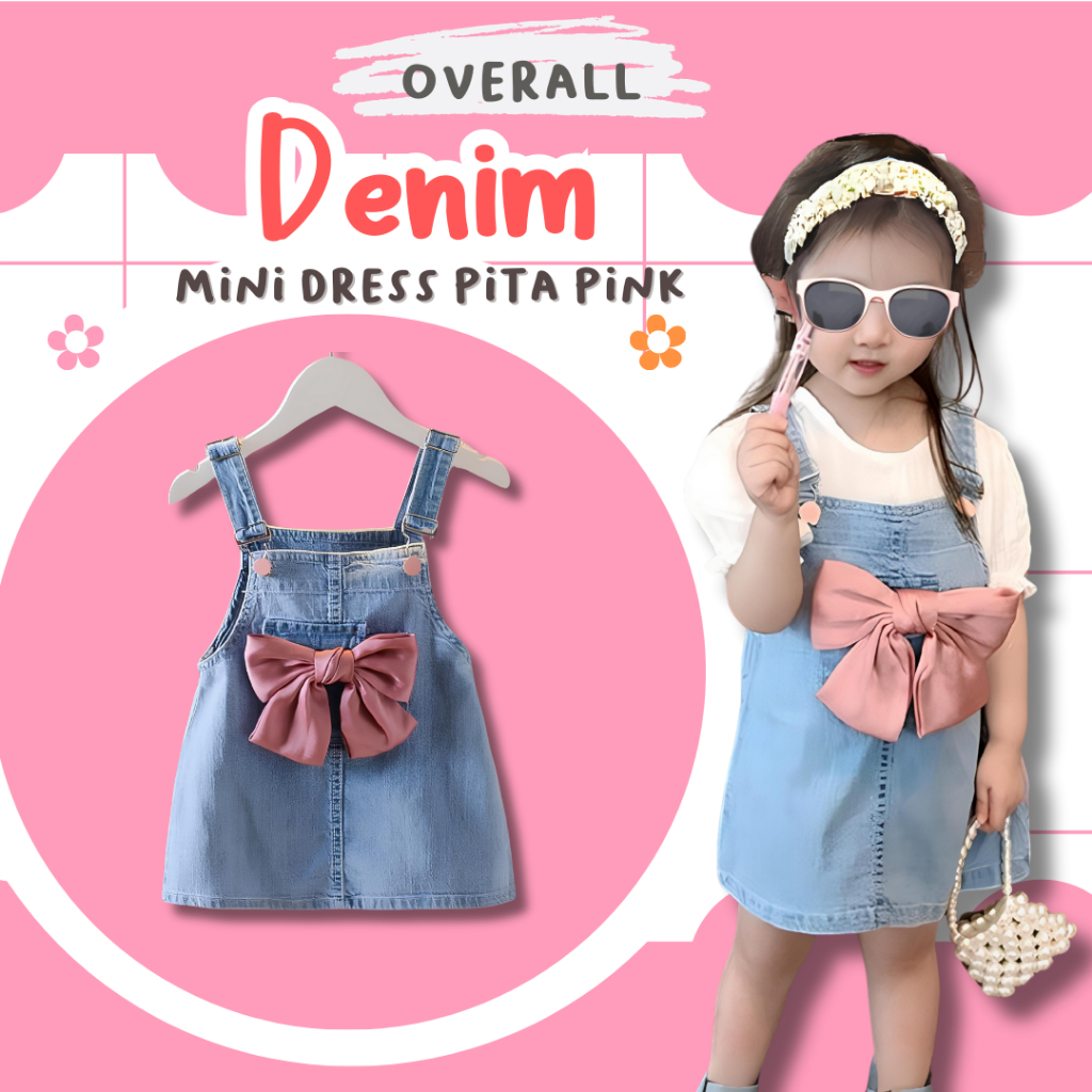 mabebi.official 1-7 Tahun Overall Anak Denim Jeans Pita Pink Perempuan Soft Mini Dress Import