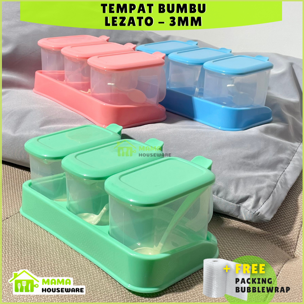 Tempat Bumbu Lezato Isi 3 Dengan Sendok / Tempat Bumbu Plastik Kotak / Wadah Bumbu / Tempat Bumbu Da