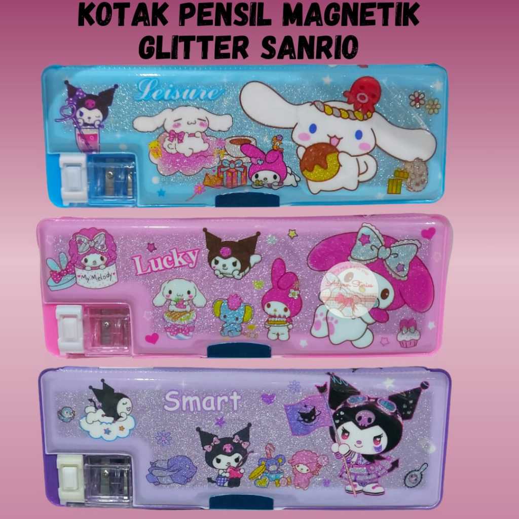 Kotak Pensil Magnetik Sanrio Glitter / Tempat pensil Pop-it magnetic bolak balik plus rautan