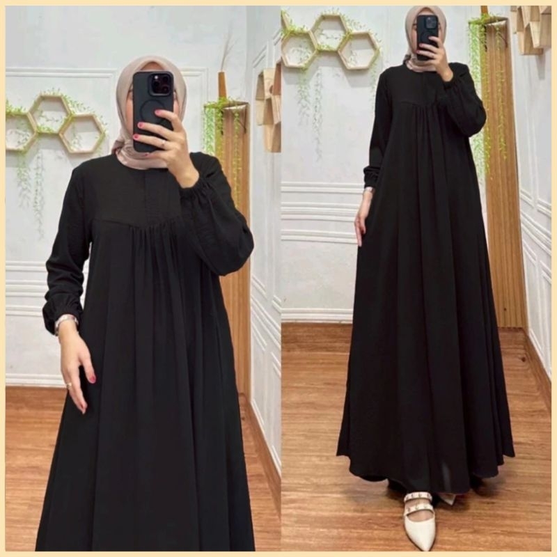 028 Dress Hitam Crinkle Airflow Premium - Dress Gamis Crinkle Airflow Premium