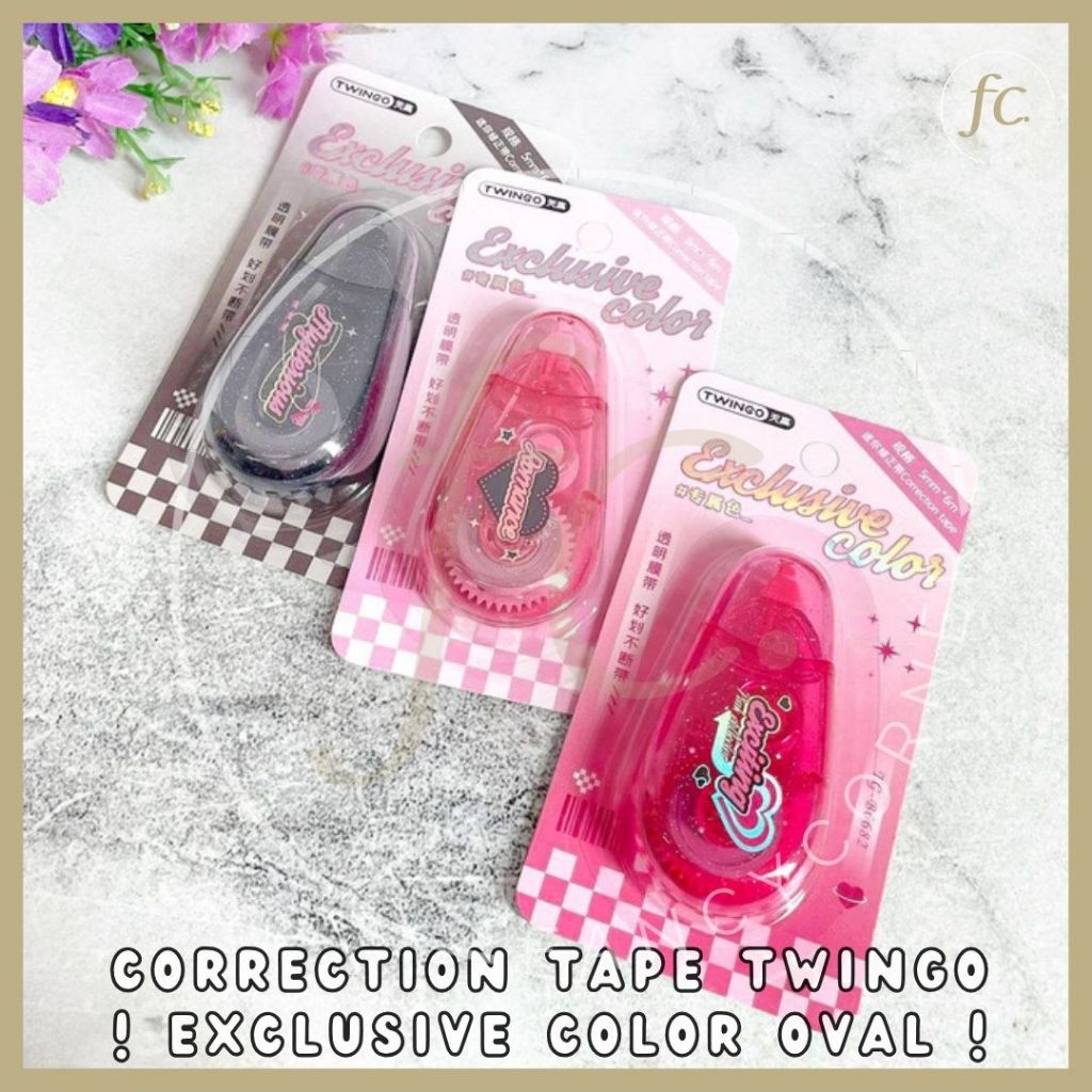 

Correction Tape / Tip Ex / Tipe X Pita / Penghapus Pulpen TWINGO Exclusive Color Black Pink Glitter Barbie Romance Mysterious Exciting Oval TG-B6682 ATK Alat Tulis Sekolah Kantor Anak Harga Grosir Ready COD