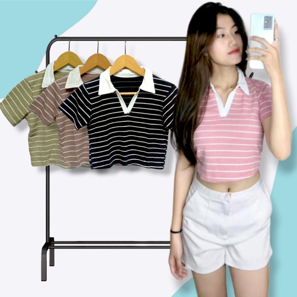 23812 KAOS CROP TEE SALUR PAKAIAN WANITA CROP TOP ATASAN CEWEK ABG REMAJA DEWASA ALA KOREA STYLE KOR