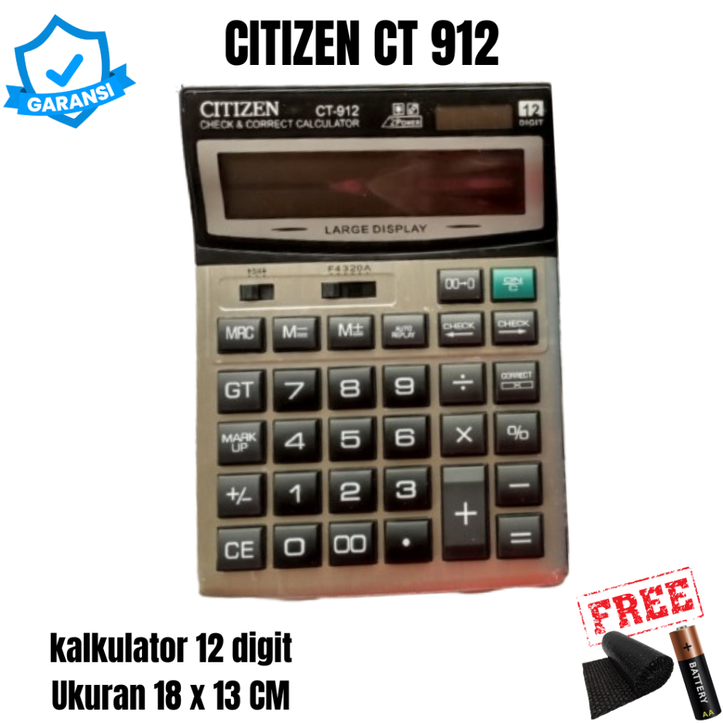 

Kalkulator CT 912 Display Size Besar Toko Kasir Dagang 12Digit Power Baterai dan Matahari