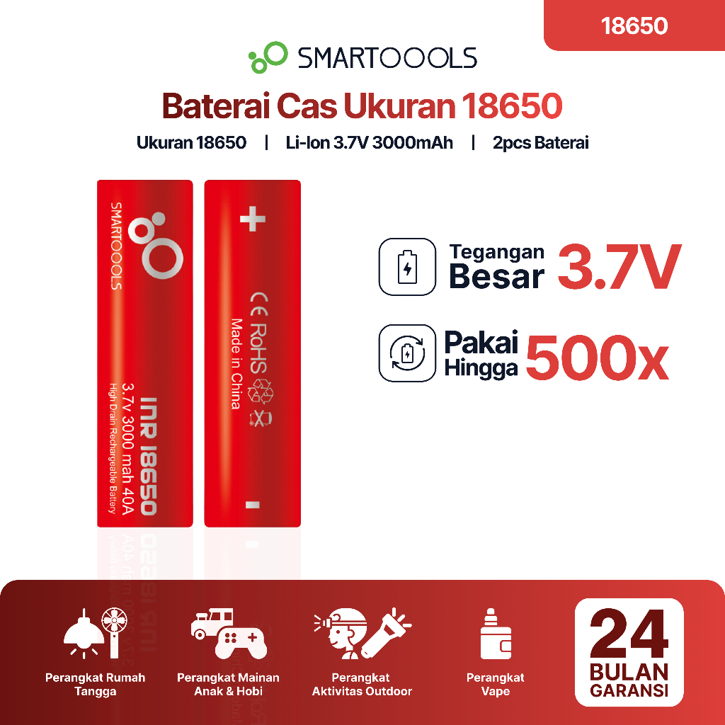 Baterai Cas Isi Ulang 2pcs Smartoools Ukuran 18650 Kapasitas 3000mAh Output 3.7V Rechargeble Battery