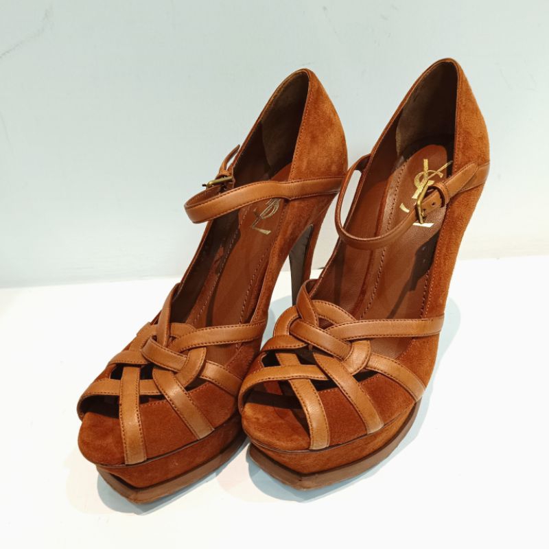 YSL Tribute Brown Suede & Leather Heels size 38.5