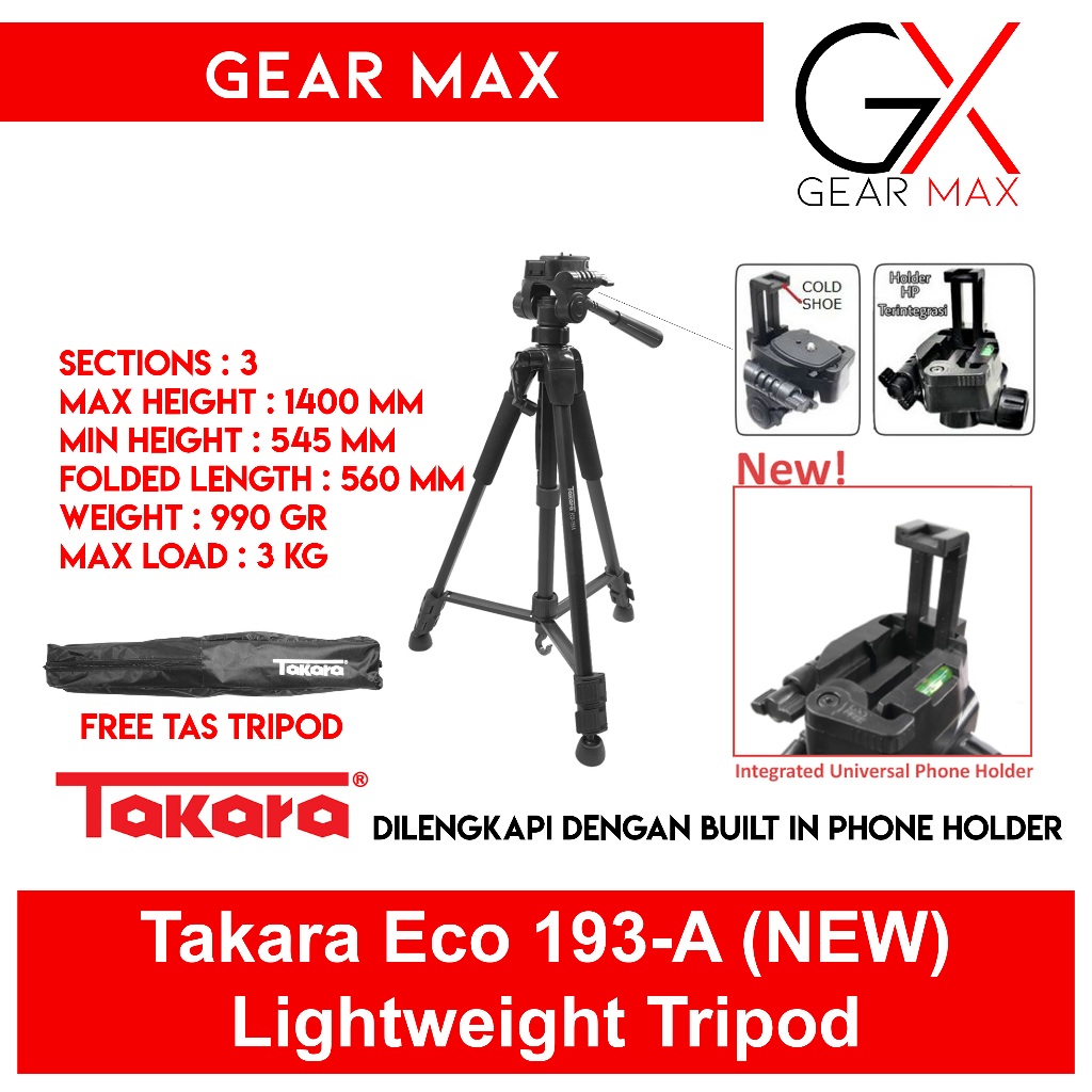 Takara ECO-193A Lightweight Travel Tripod Free Bag for DSLR Mirrorless ECO 193A
