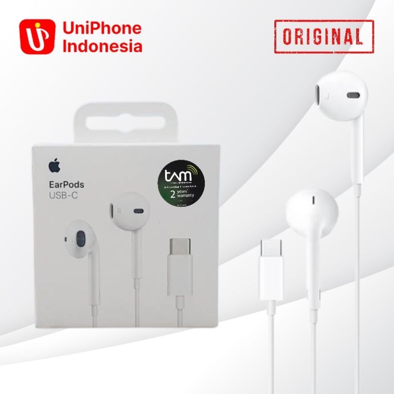 Apple EarPods USB-C for iPhone with Connector Type C - Earphone Headphone Plug for iPhone 15 Pro Max Original 100% Garansi Resmi TAM 2thn
