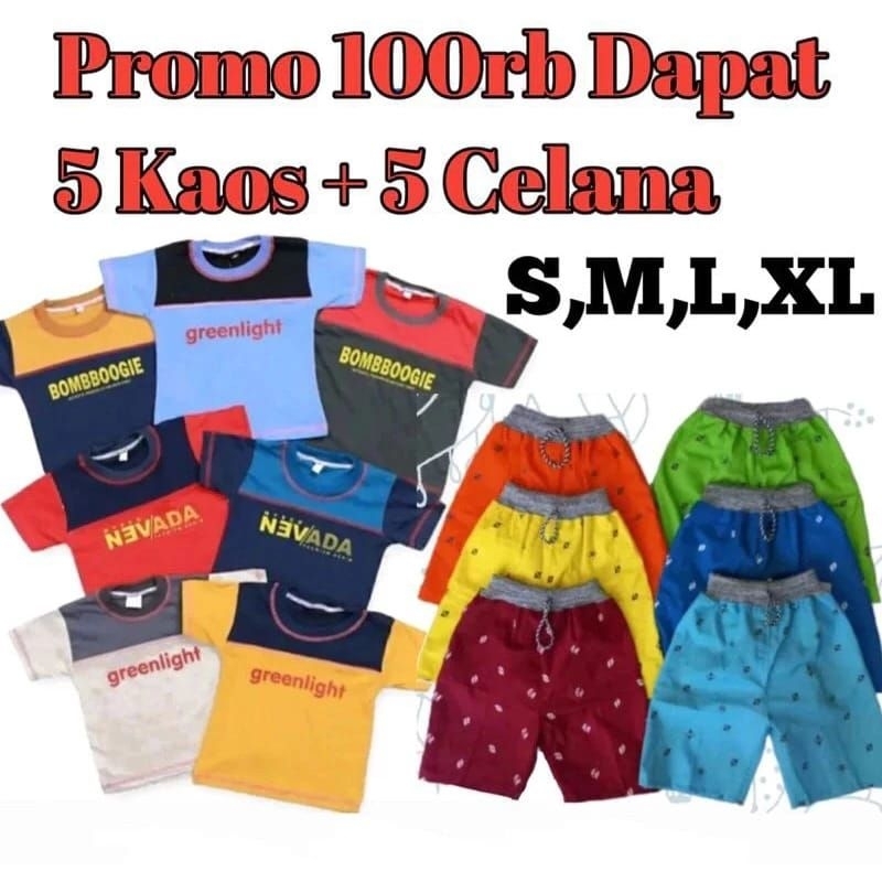 paket 90 ribu dapat 5 setel 5 kaos+5 celana
