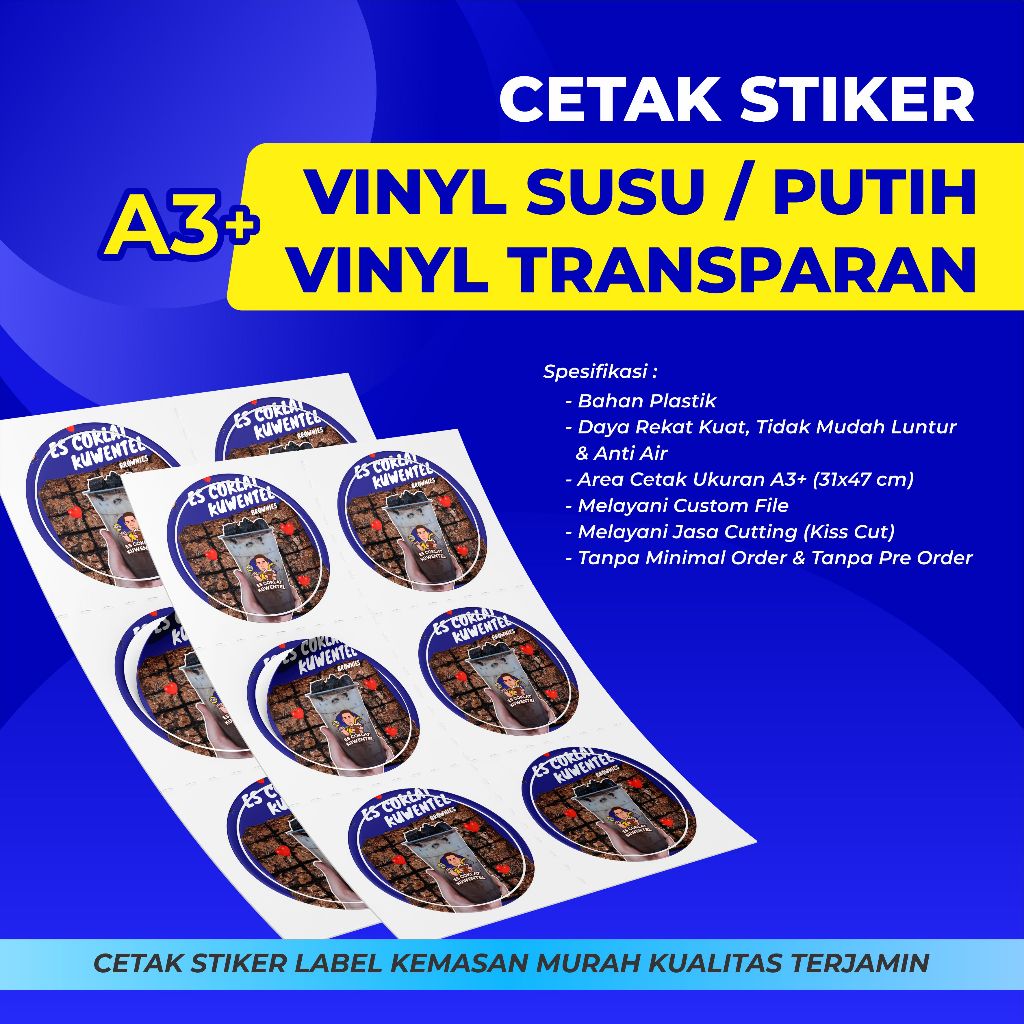 

Cetak Stiker Vinyl Susu/Transparan A3+ Custom Gambar Label Makanan Logo