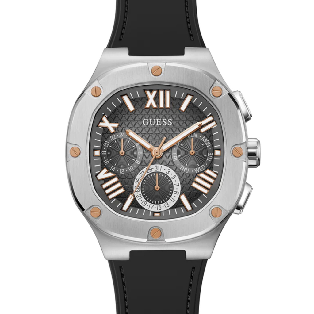 JAM TANGAN PRIA GUESS HEADLINE GW0571G1 GW0571 G1 ANALOG SILVER BLACK RESIN/ SILICONE/ RUBBER STRAP