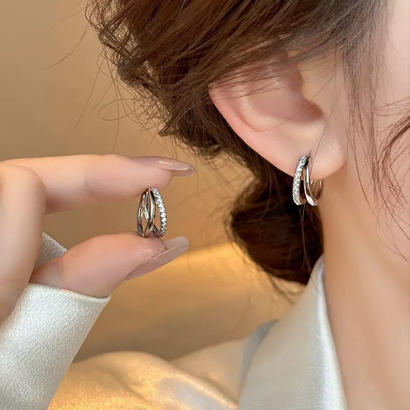 AT253 - Anting Storia bentuk Double Hoop Simpel dan Elegant Titanium Steel Model Korea Anti Karat