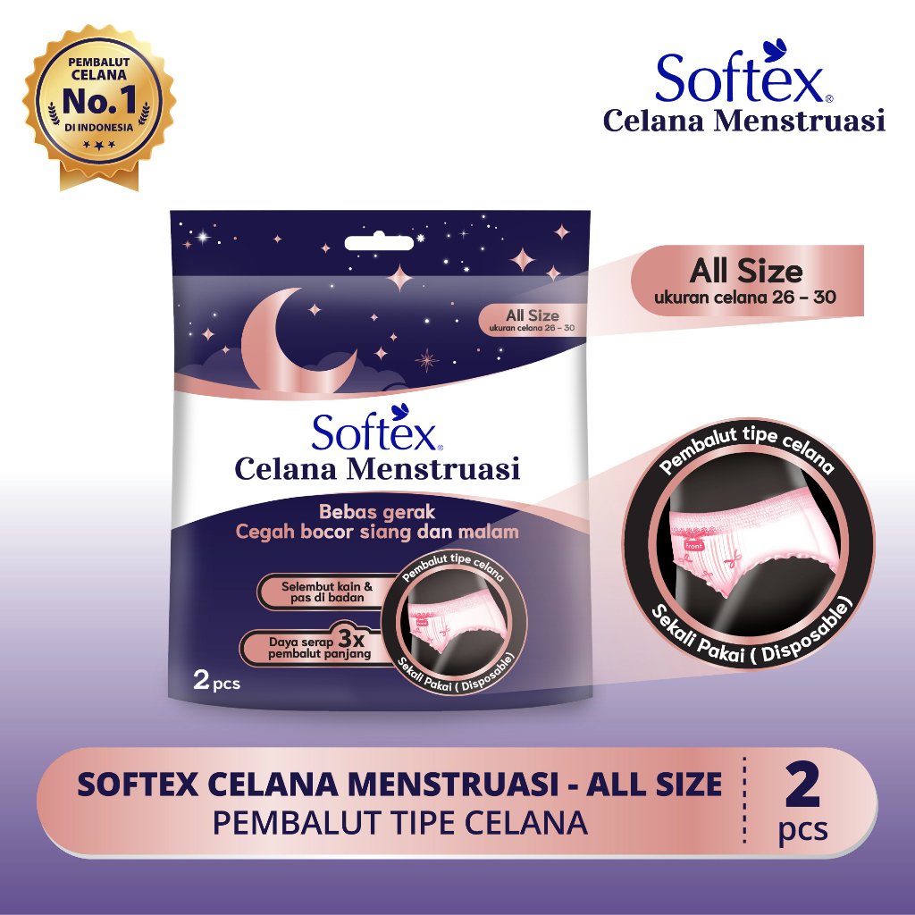 Softex Celana Menstruasi All Size 2S, Softex Daun Sirih + Vitamin E Pembalut Jumbo Pack 36Cm isi 18,