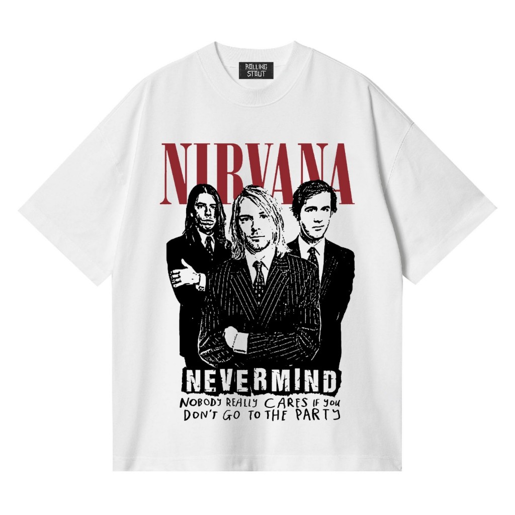 Rollingstout T-shirt White | Nirvana Poster | Kaos Semi Oversize Pria dan Wanita | kaos band