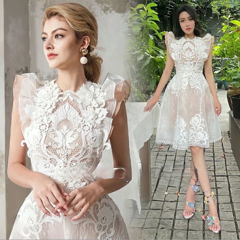 dress skirt long sleeve lace lacey geometris brukat brocade white dress putih chocolate  dress acara