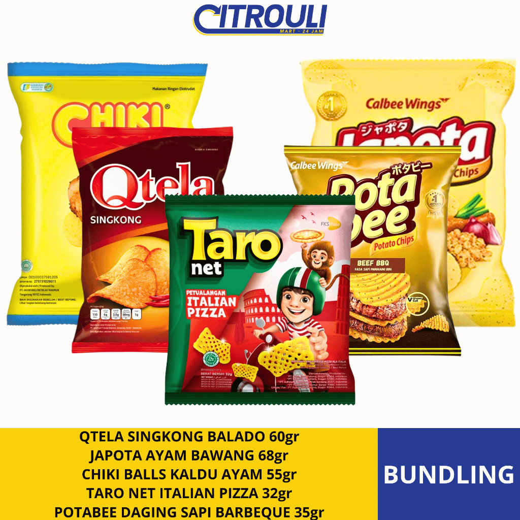 

BUNDLING SNACK 2 (QTELA,JAPOTA,CHIKI BALLS,TARO,POTABEE)