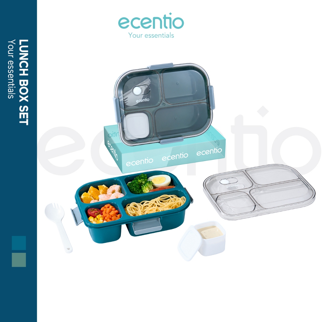 	 【BPA FREE】ecentio 1100ml 4 Grid kotak makan kotak bekal anti tumpah lunch box anti tumpah free sendok	