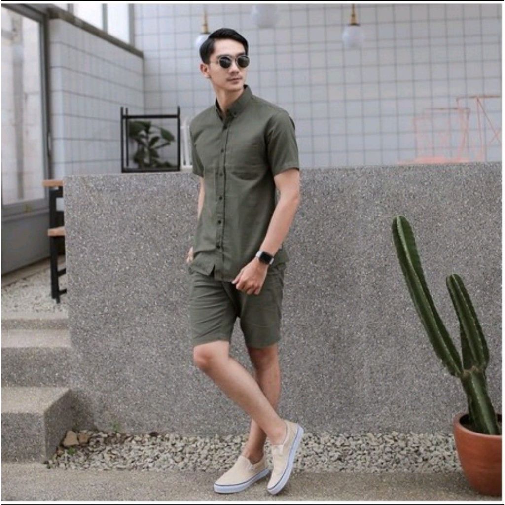 Kemeja Polos Pria Cowok Lengan Pendek Army HeM Slimfit Casual