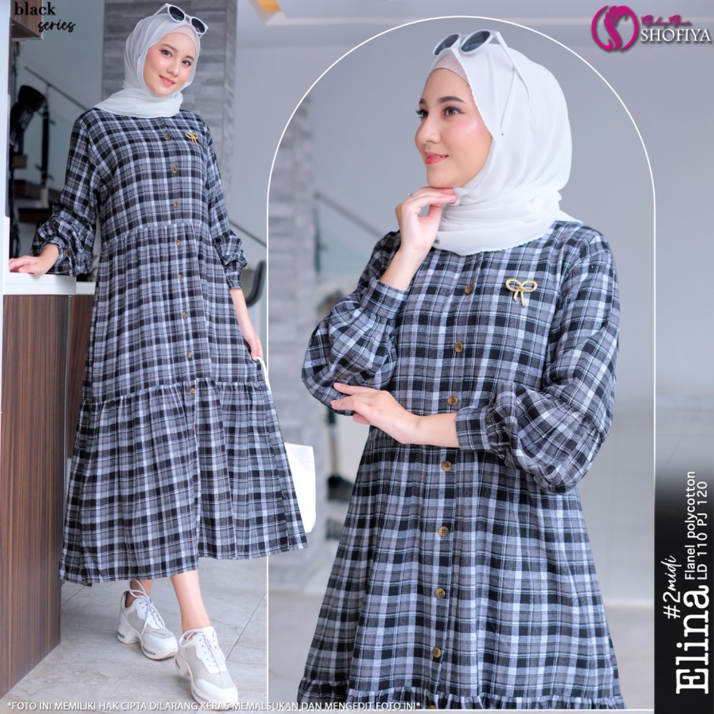 elina dres midi bahan flanel motif kotak ld 110 wanita premium by shofiya kekinian terbaru cod