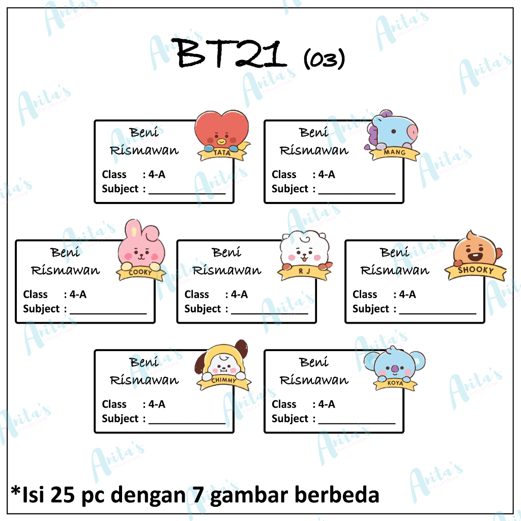 

25pc STIKER NAMA BUKU PELAJARAN ANAK SEKOLAH tema BT21 03 | size S / 5x3 cm | CUSTOM