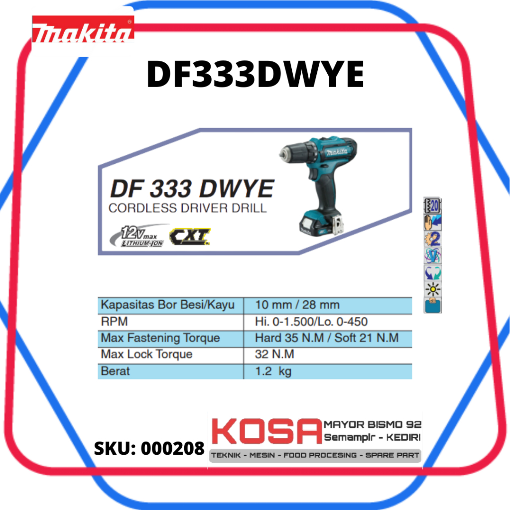 MAKITA DF333DWYE Bor Baterai 10mm MAKITA DF-333 DWYE Bor Cordless MAKITA DF 333 DWYE