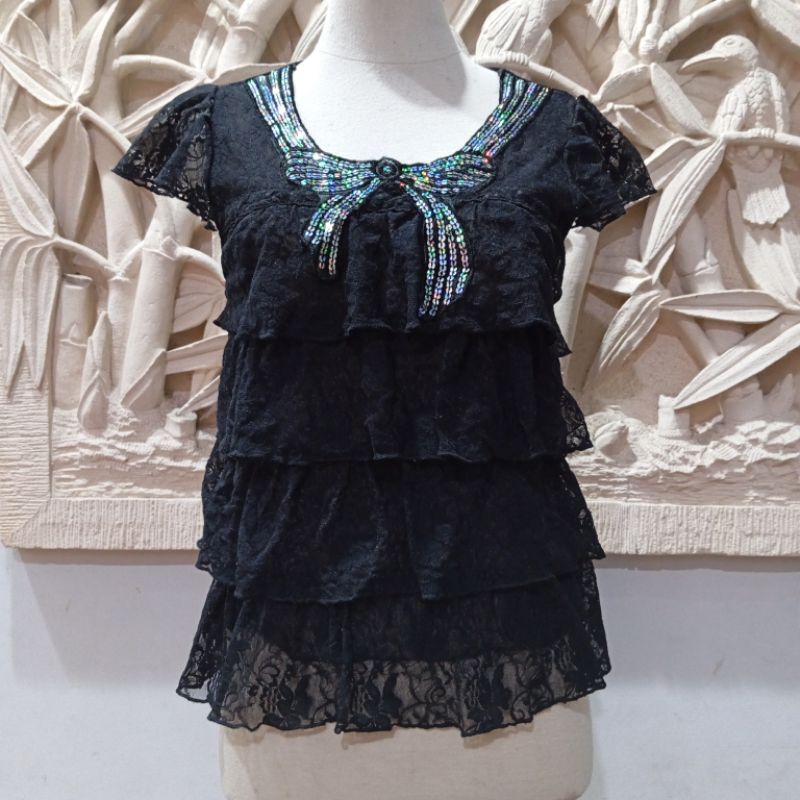 Atasan Wanita Brukat Hitam/ Blouse Brokat Hitam Preloved Rasa Baru
