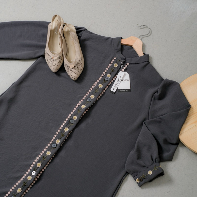 Womscloth - Midi Dress Crinkle Bordir - Dress Lebaran Busui Kancing Lengan Panjang - Gamis Wanita Muslim Terbaru-Dark grey