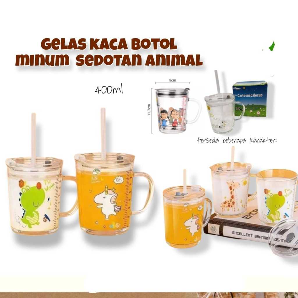 Gelas susu / mug karakter gelas kaca + SEDOTAN + PAKING DUS / Gelas susu karakter 400ml