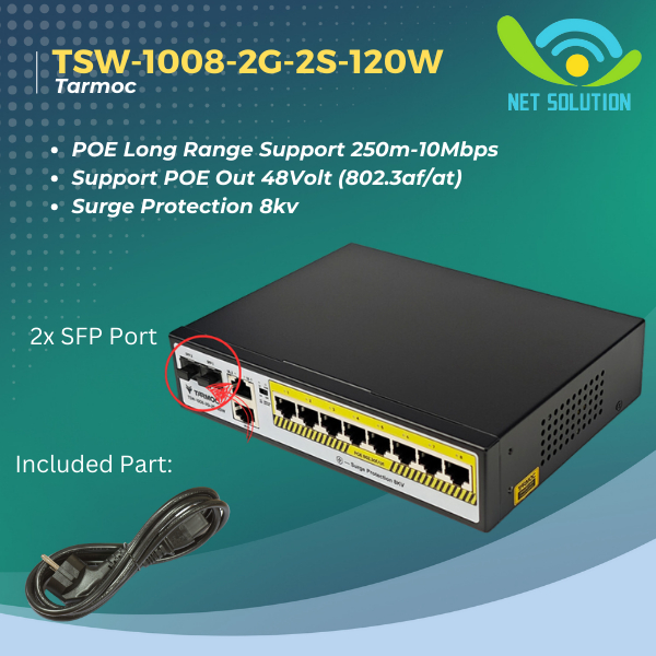Tarmoc TSW-1008-2G-2S-120W, 8 Port Gigabit POE 802.3af/at POE Switch 120W
