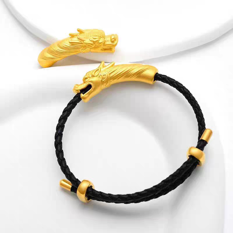 Gelang Kulit Bandul Kepala Naga Gold Feng Shui Dinasty Original
