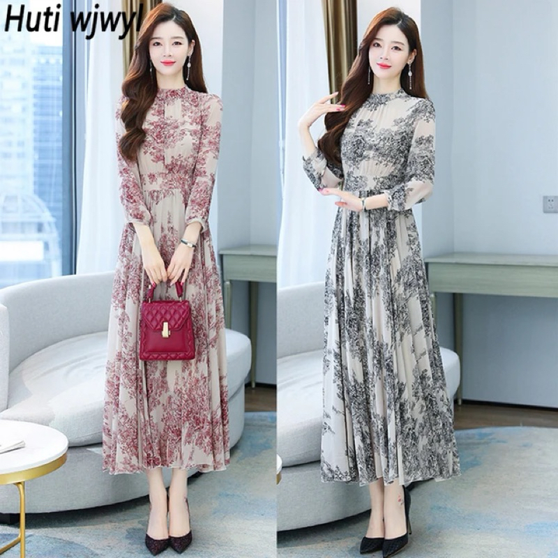 Autumn Vintage Maxi Chiffon Dress - Dress Korea Hijab Friendly Motif Ala Dior